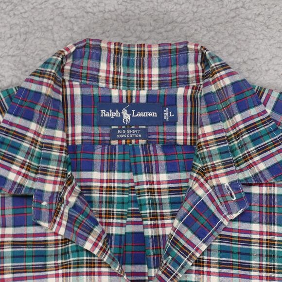Polo Ralph Lauren Shirt Mens Large Blue Plaid Long Sleeve The Big Shirt Vintage - Picture 5 of 14
